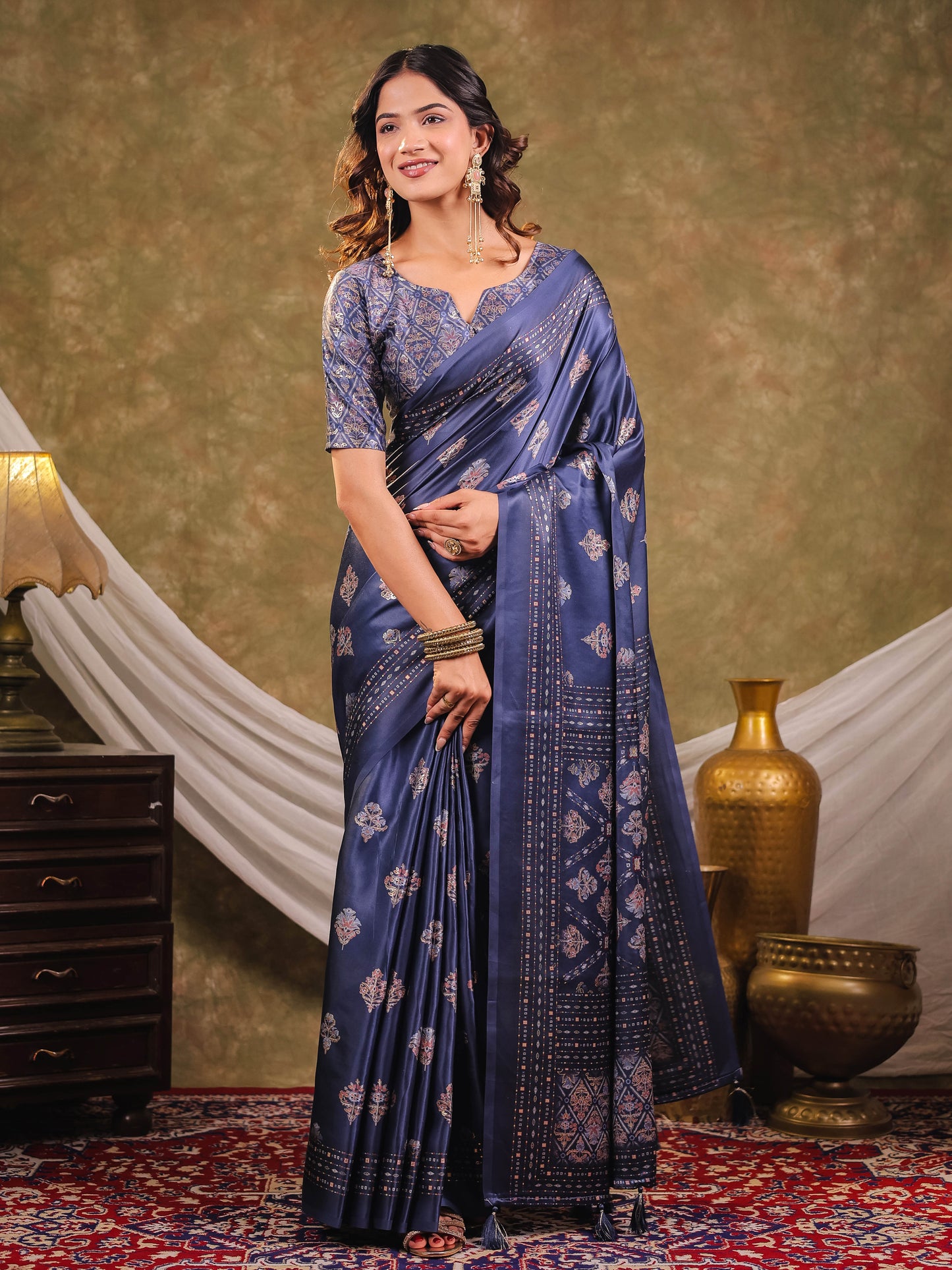 Navy Blue Pure Chinnon Ajrakh Printed Saree with Tassel Edges, Traditional Ethnic Print & Matching Blouse Piece