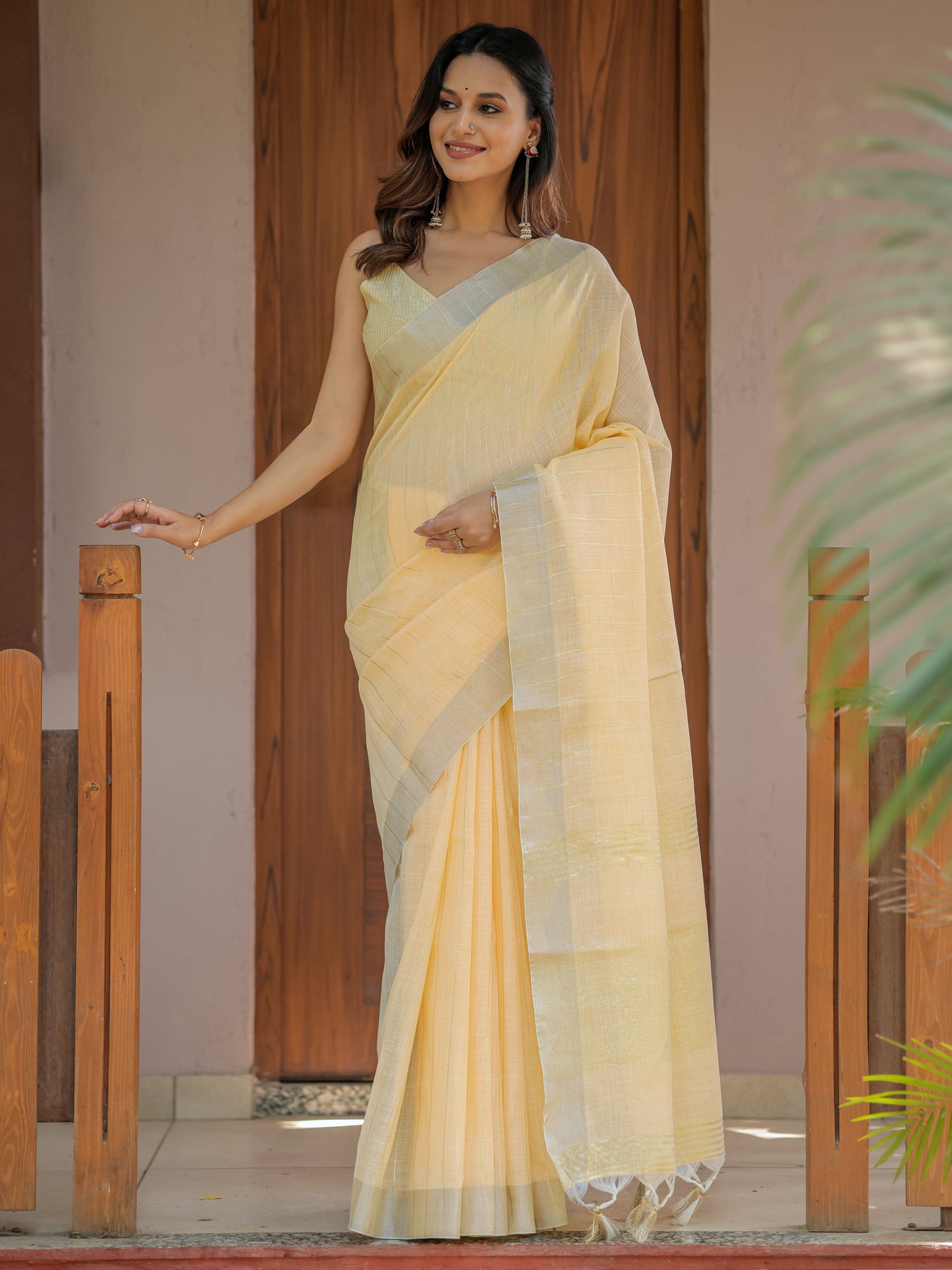 Butter Yellow Pure Handloom Mul Cotton Saree with Golden Striped Weaving & Tassel Detailing
