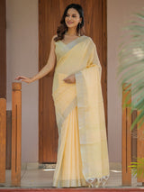Butter Yellow Pure Handloom Mul Cotton Saree with Golden Striped Weaving & Tassel Detailing