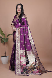 Elegant Purple Silk Saree with Peacock Design and Golden Border