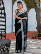 Classic Black Pure Handloom Mul Cotton Saree with Silver Border & Tassel Detailing