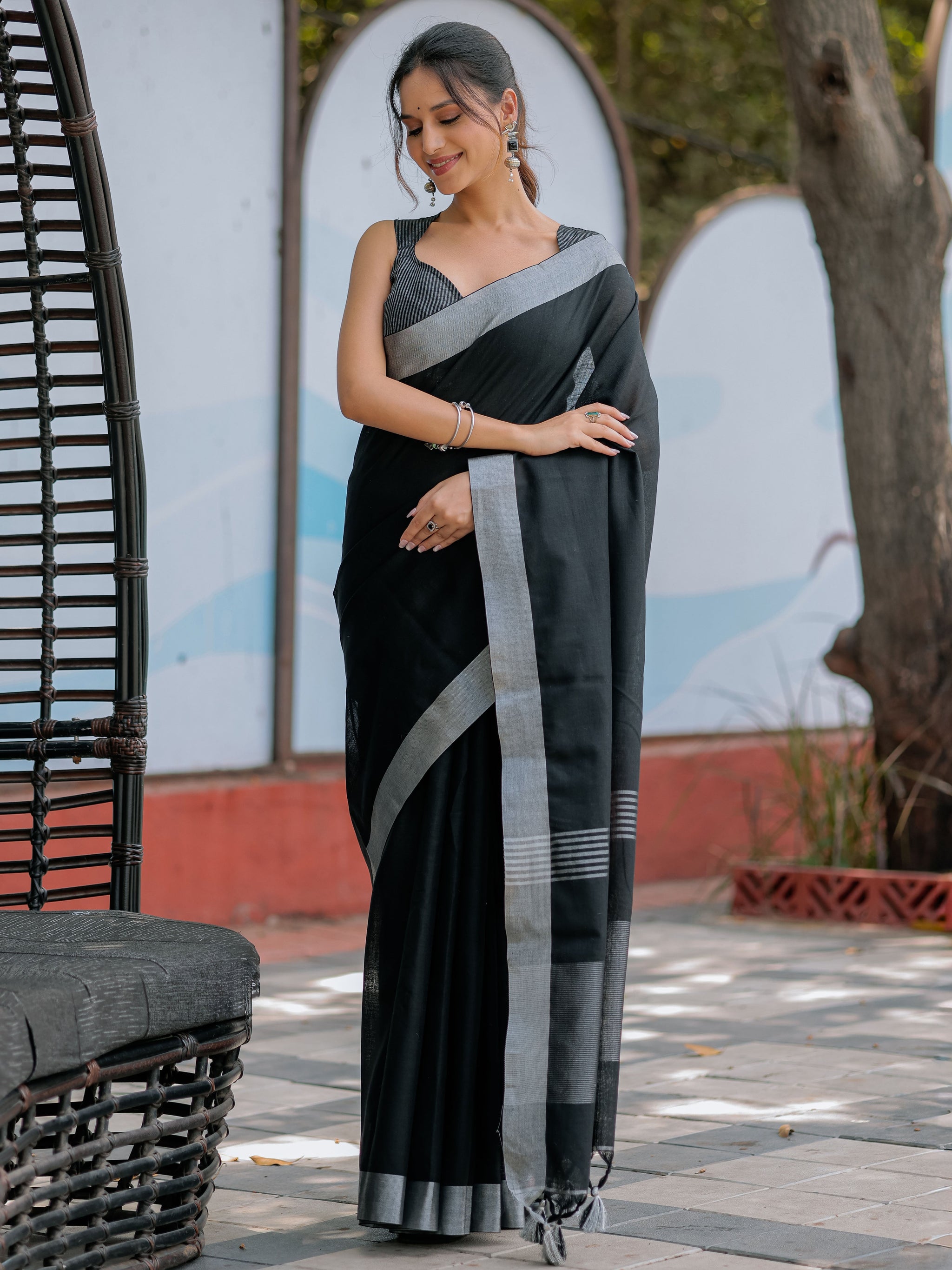 Classic Black Pure Handloom Mul Cotton Saree with Silver Border & Tassel Detailing