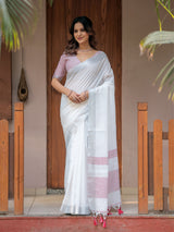 Pure White & Red Handloom Mul Cotton Saree with Minimal Striped Border & Tassel Detailing