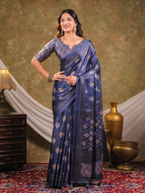 Navy Blue Pure Chinnon Ajrakh Printed Saree with Tassel Edges, Traditional Ethnic Print & Matching Blouse Piece