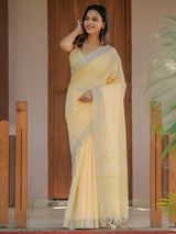 Butter Yellow Pure Handloom Mul Cotton Saree with Golden Striped Weaving & Tassel Detailing