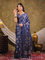 Navy Blue Pure Chinnon Ajrakh Printed Saree with Tassel Edges, Traditional Ethnic Print & Matching Blouse Piece