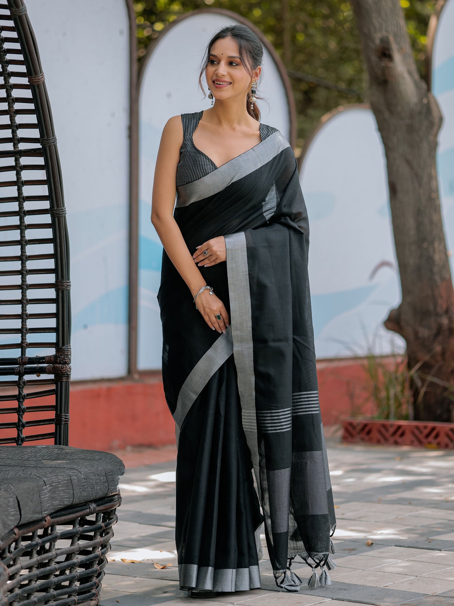 Classic Black Pure Handloom Mul Cotton Saree with Silver Border & Tassel Detailing