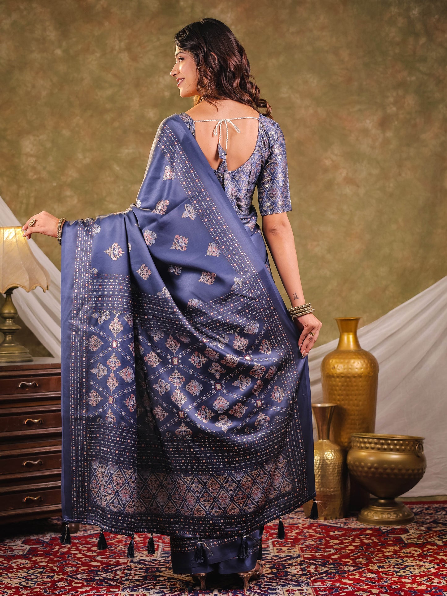 Navy Blue Pure Chinnon Ajrakh Printed Saree with Tassel Edges, Traditional Ethnic Print & Matching Blouse Piece