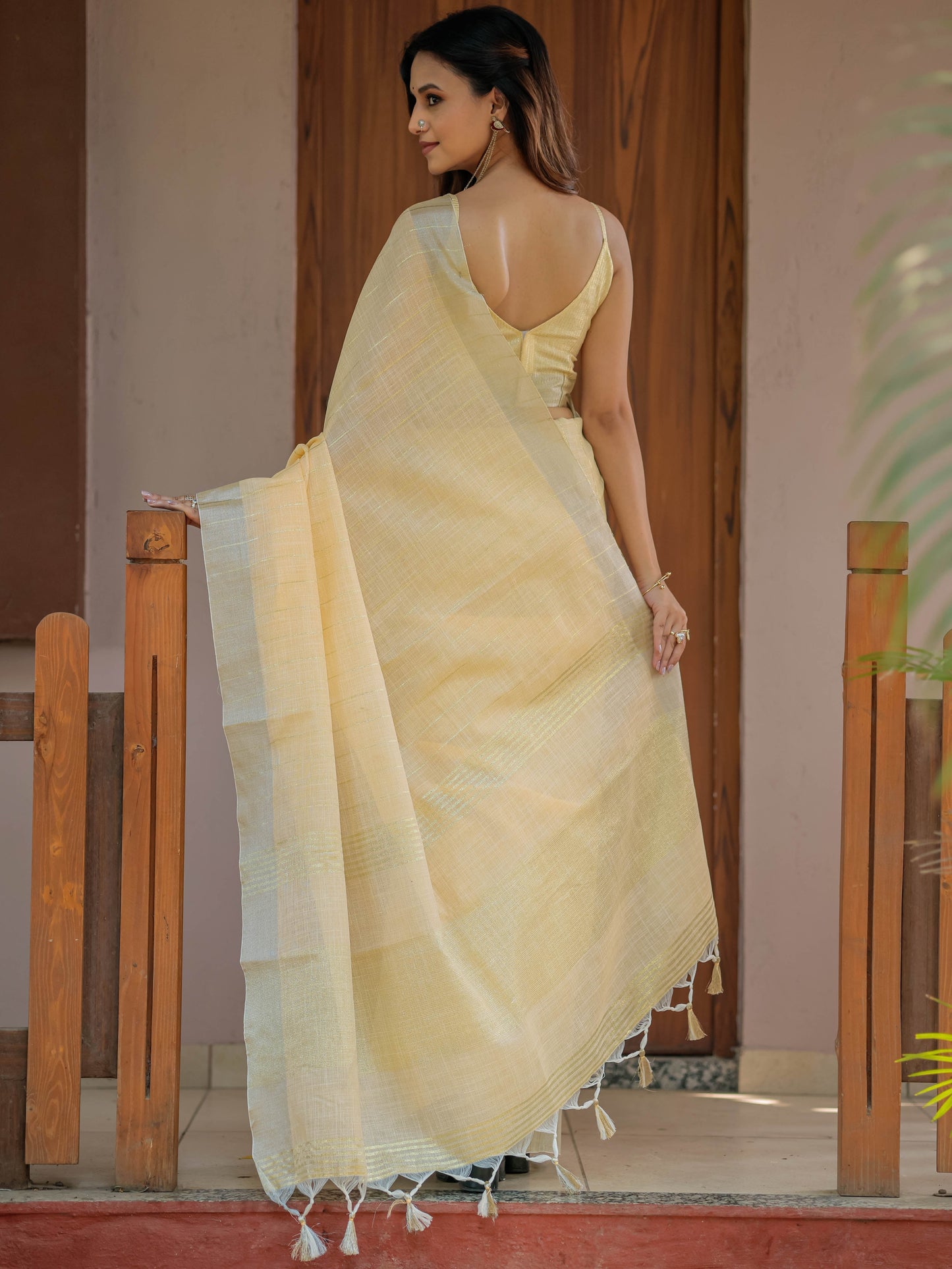 Butter Yellow Pure Handloom Mul Cotton Saree with Golden Striped Weaving & Tassel Detailing