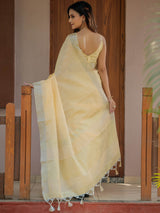 Butter Yellow Pure Handloom Mul Cotton Saree with Golden Striped Weaving & Tassel Detailing