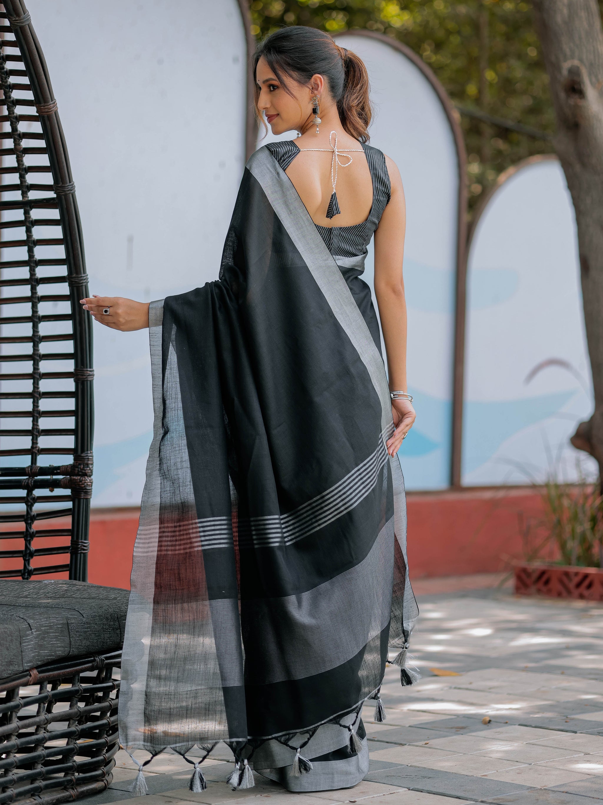 Classic Black Pure Handloom Mul Cotton Saree with Silver Border & Tassel Detailing
