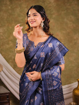 Navy Blue Pure Chinnon Ajrakh Printed Saree with Tassel Edges, Traditional Ethnic Print & Matching Blouse Piece