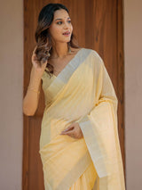 Butter Yellow Pure Handloom Mul Cotton Saree with Golden Striped Weaving & Tassel Detailing