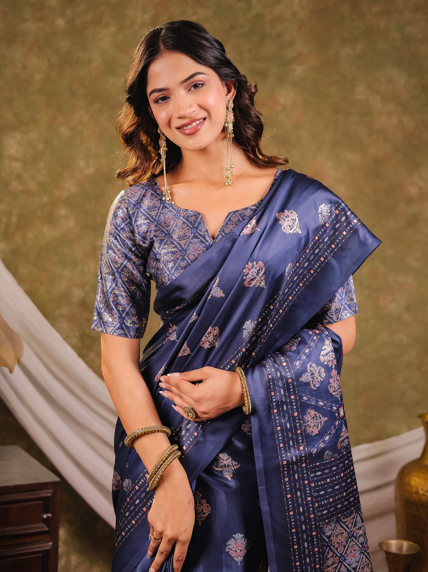 Navy Blue Pure Chinnon Ajrakh Printed Saree with Tassel Edges, Traditional Ethnic Print & Matching Blouse Piece