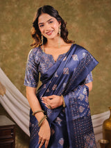 Navy Blue Pure Chinnon Ajrakh Printed Saree with Tassel Edges, Traditional Ethnic Print & Matching Blouse Piece