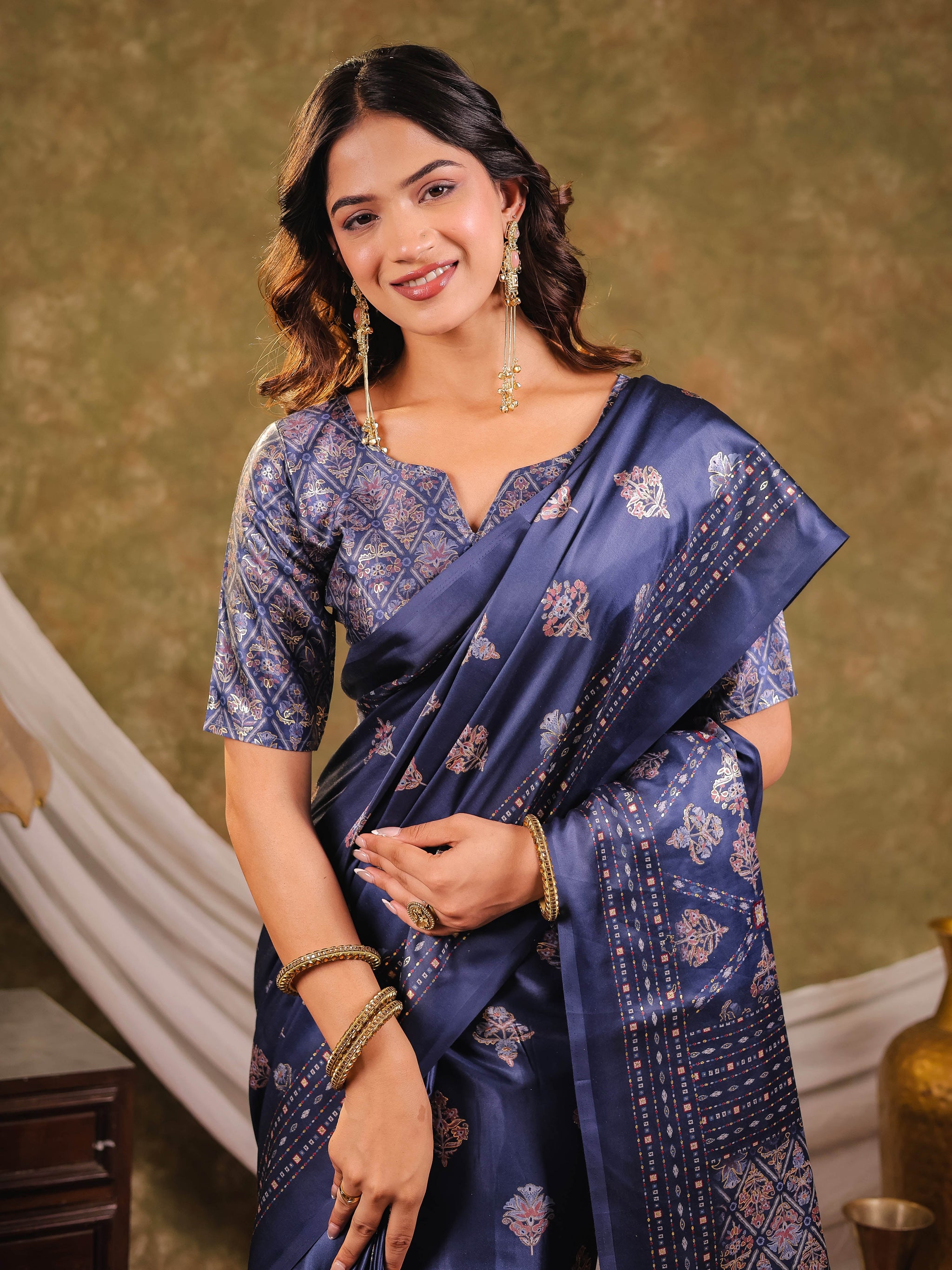 Navy Blue Pure Chinnon Ajrakh Printed Saree with Tassel Edges, Traditional Ethnic Print & Matching Blouse Piece