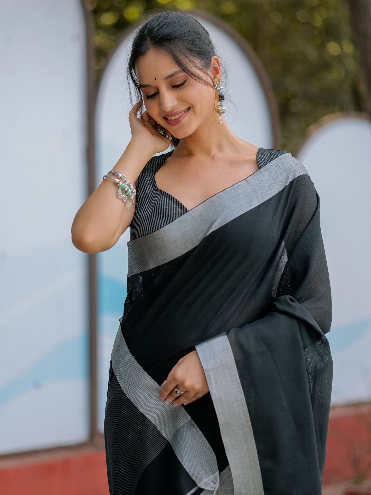 Classic Black Pure Handloom Mul Cotton Saree with Silver Border & Tassel Detailing