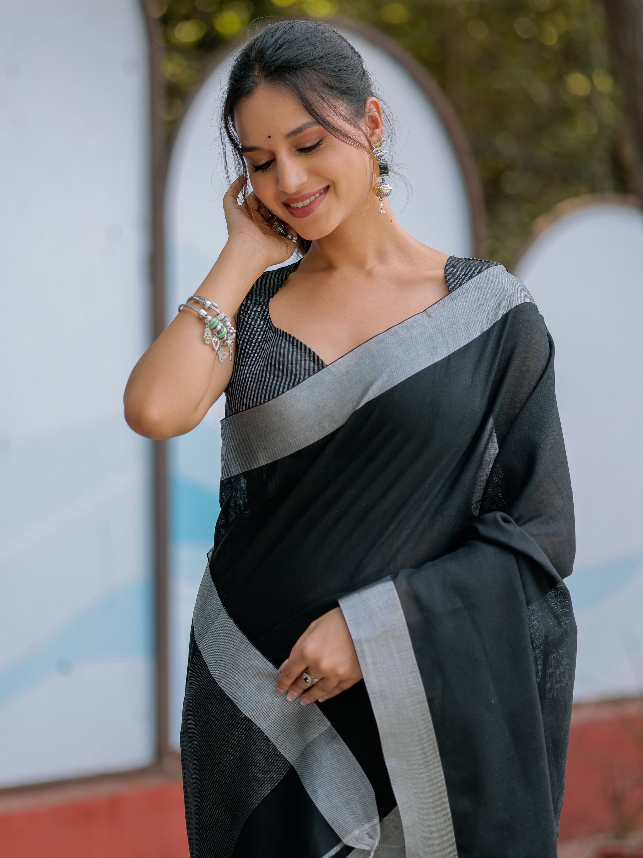 Classic Black Pure Handloom Mul Cotton Saree with Silver Border & Tassel Detailing