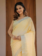 Butter Yellow Pure Handloom Mul Cotton Saree with Golden Striped Weaving & Tassel Detailing