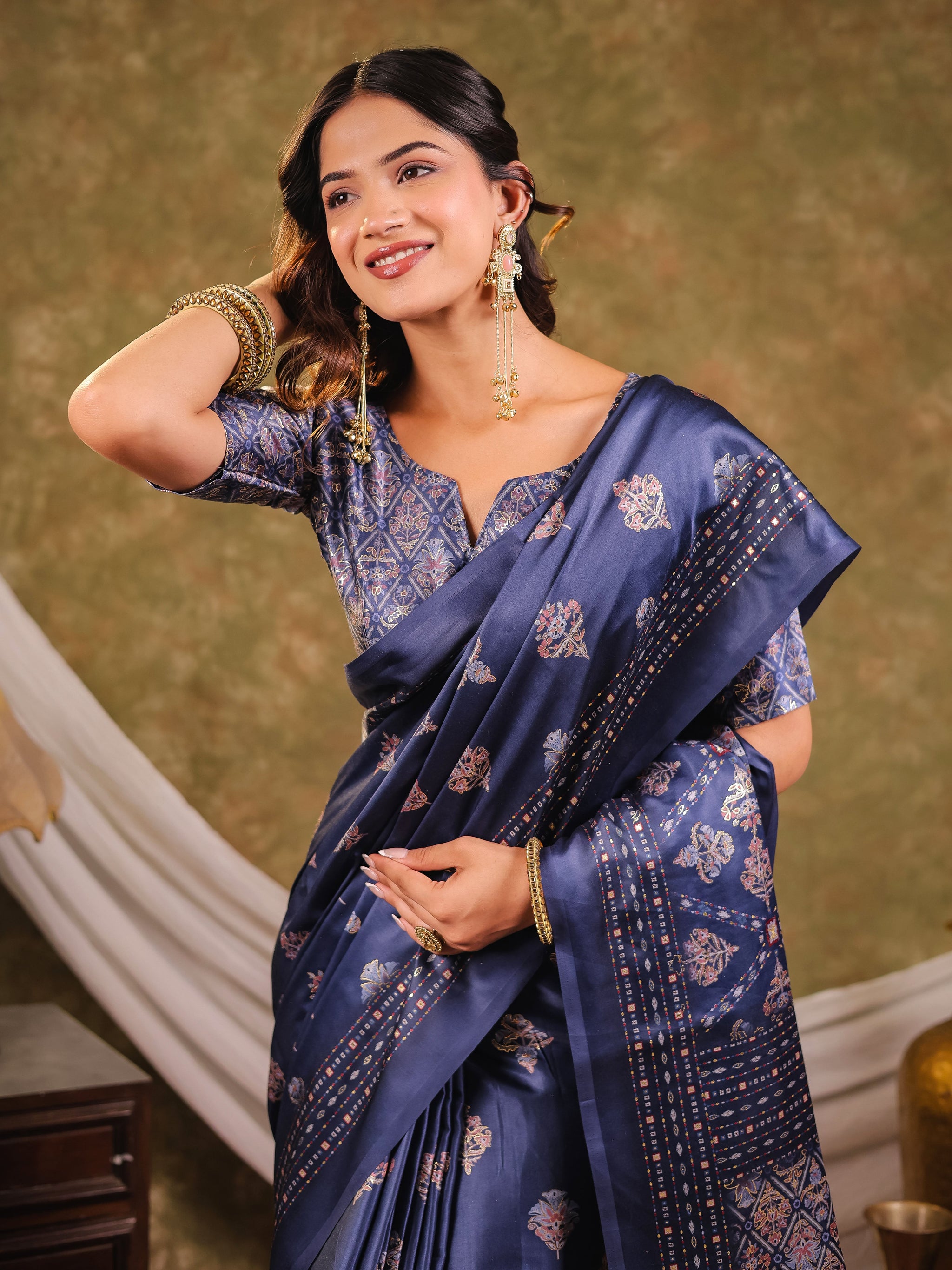 Navy Blue Pure Chinnon Ajrakh Printed Saree with Tassel Edges, Traditional Ethnic Print & Matching Blouse Piece