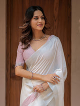 Pure White & Red Handloom Mul Cotton Saree with Minimal Striped Border & Tassel Detailing