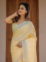 Butter Yellow Pure Handloom Mul Cotton Saree with Golden Striped Weaving & Tassel Detailing
