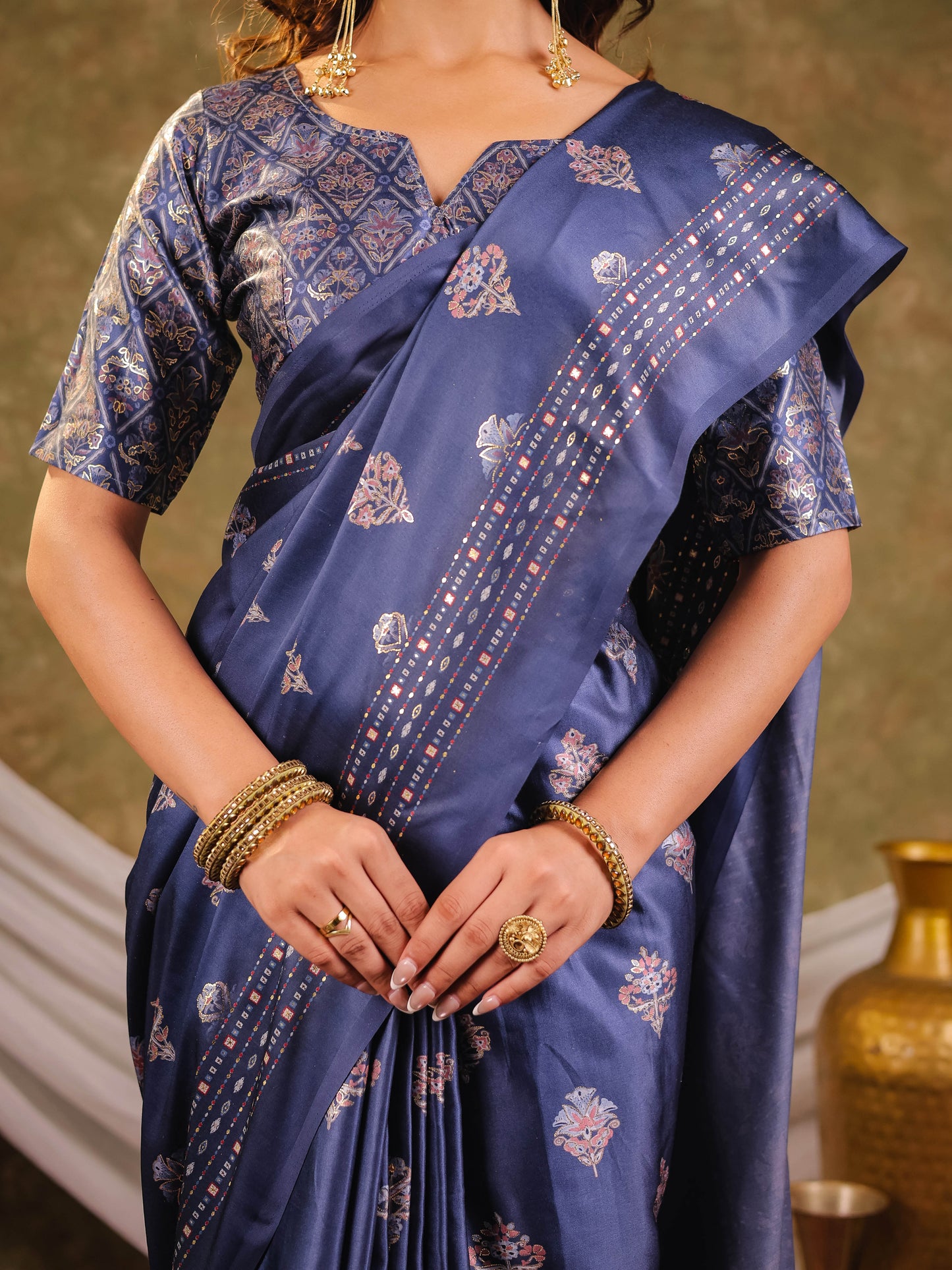 Navy Blue Pure Chinnon Ajrakh Printed Saree with Tassel Edges, Traditional Ethnic Print & Matching Blouse Piece