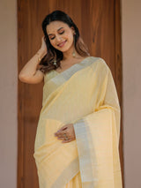 Butter Yellow Pure Handloom Mul Cotton Saree with Golden Striped Weaving & Tassel Detailing