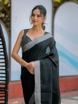 Classic Black Pure Handloom Mul Cotton Saree with Silver Border & Tassel Detailing