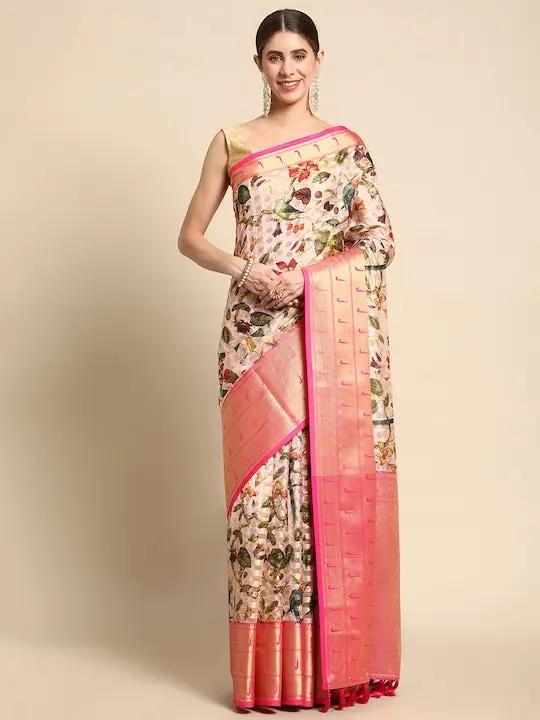 Pure Organza Pink Colour Floral Print Saree