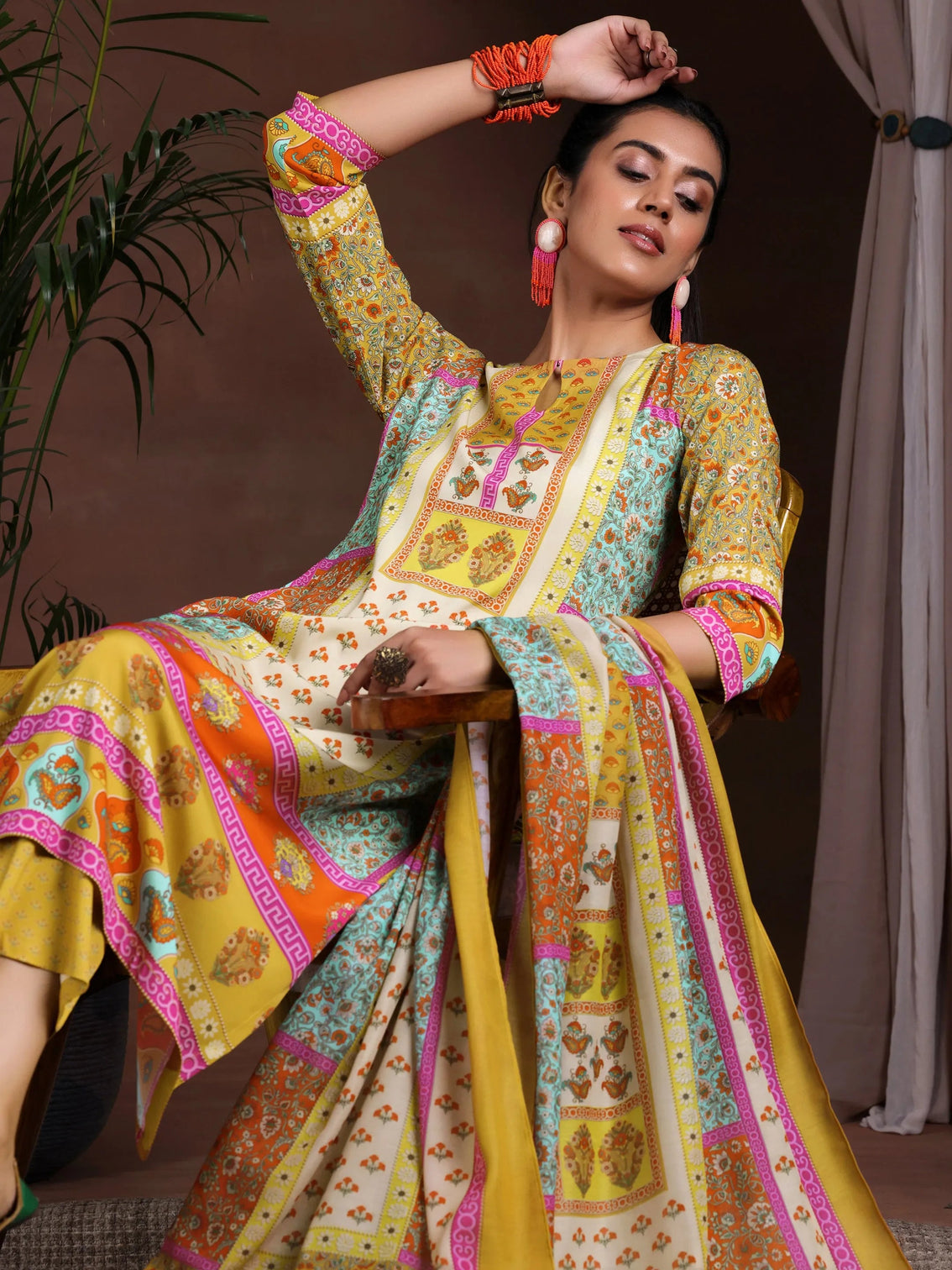 Mameraa Mustard Printed Poly Crepe Straight Suit With Dupatta
