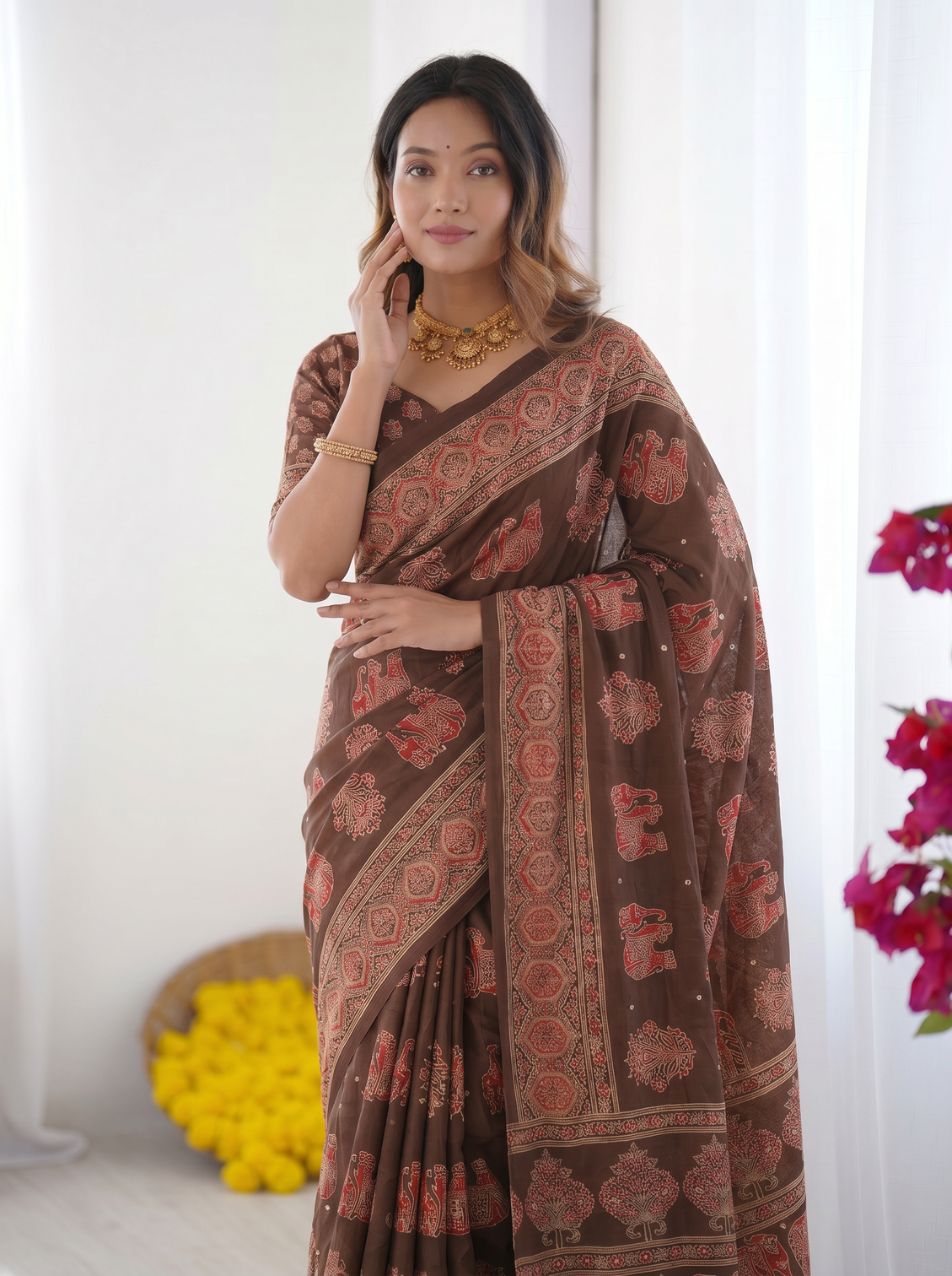 Chocolate brown modal silk saree with elephant motif heritage print designer pallu traditional festive wear saree