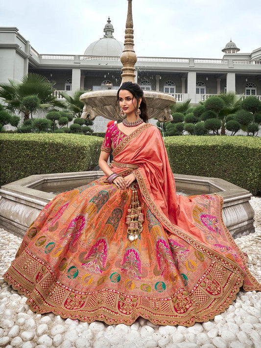 Orange & Pink Banarasi Silk Semi Stitched Lehenga