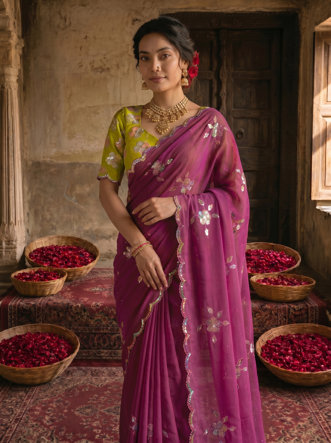 Magenta purple georgette embroidered saree with floral sequin work contrast lime green blouse