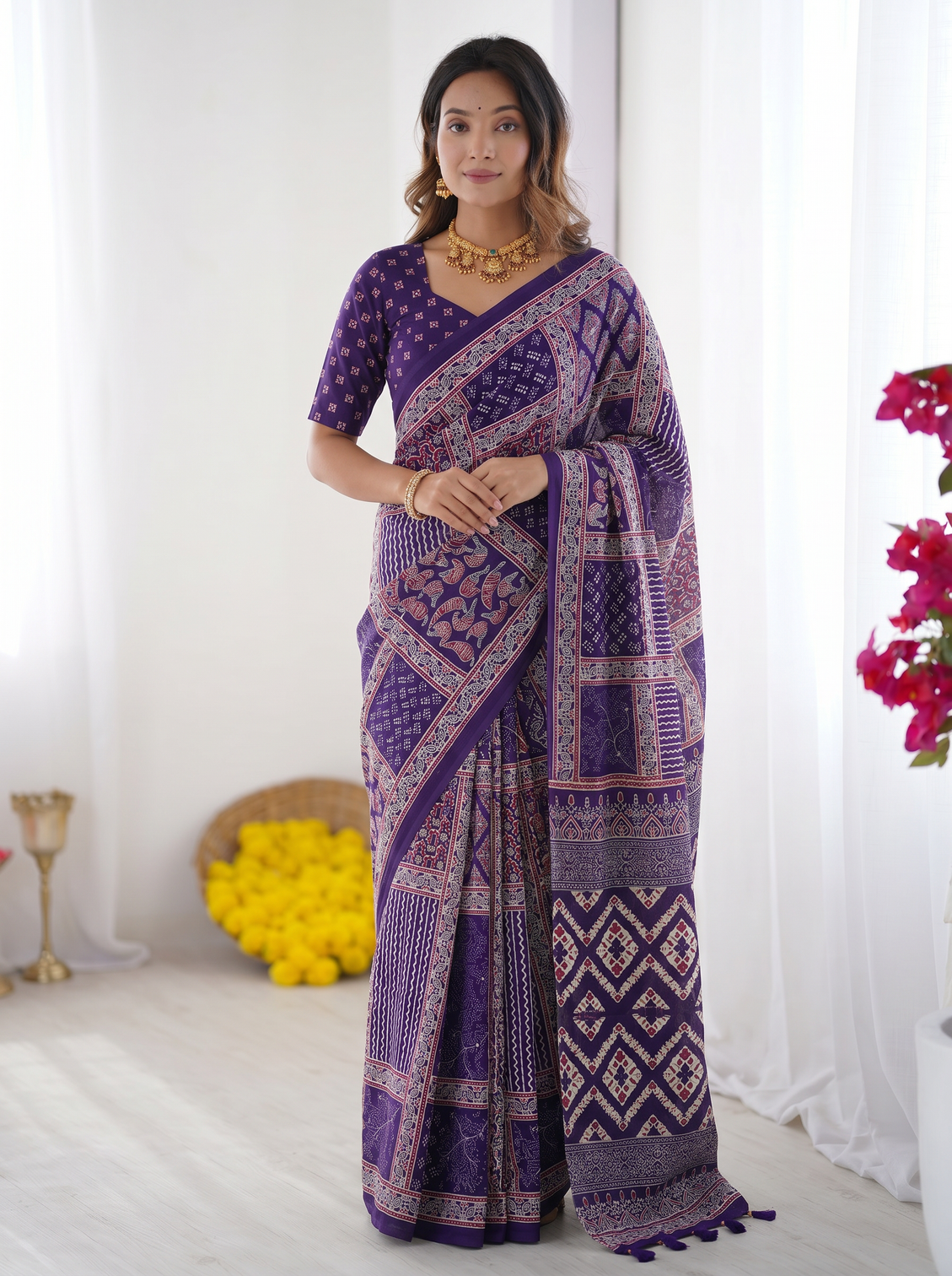 Royal purple modal silk saree with tribal geometric print designer ethnic pallu saree for festive wear mameraa
