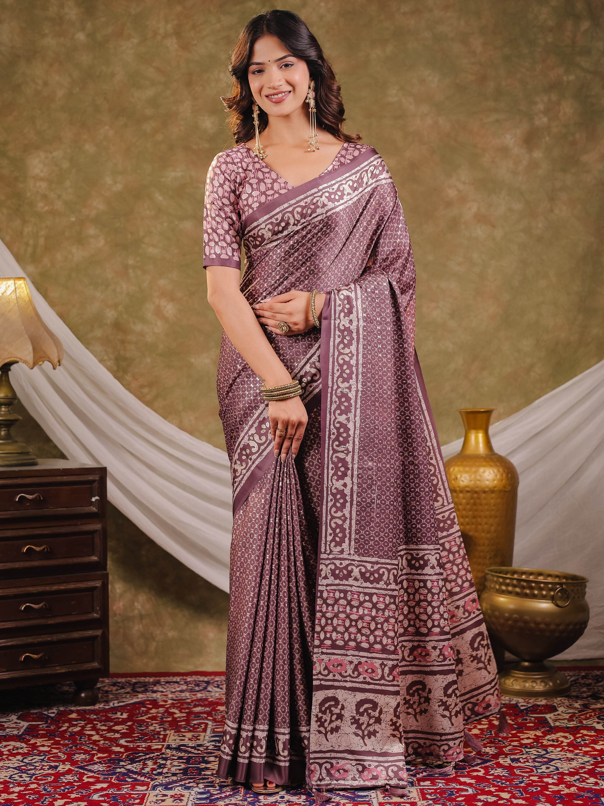 Dusty Mauve Pure Chinnon Ajrakh Printed Saree with Tassel Edges, Traditional Ethnic Print & Matching Blouse Piece