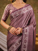 Dusty Mauve Pure Chinnon Ajrakh Printed Saree with Tassel Edges, Traditional Ethnic Print & Matching Blouse Piece
