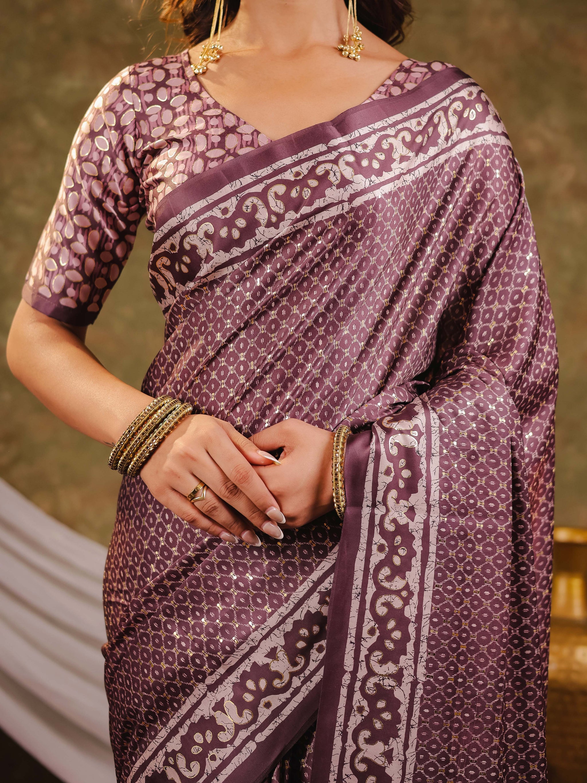 Dusty Mauve Pure Chinnon Ajrakh Printed Saree with Tassel Edges, Traditional Ethnic Print & Matching Blouse Piece