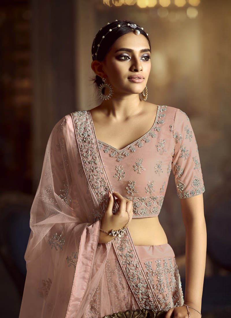 Majestic Peach Dori Work Soft Net base Panelled Lehenga Choli Set