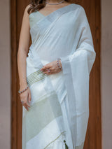 Pure White & Olive Green Handloom Mul Cotton Saree with Minimal Striped Border & Tassel Detailing