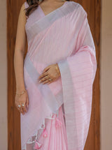 Soft Peach Pink Handloom Mul Cotton Saree with Subtle Striped Weaving & Tassel Detailing