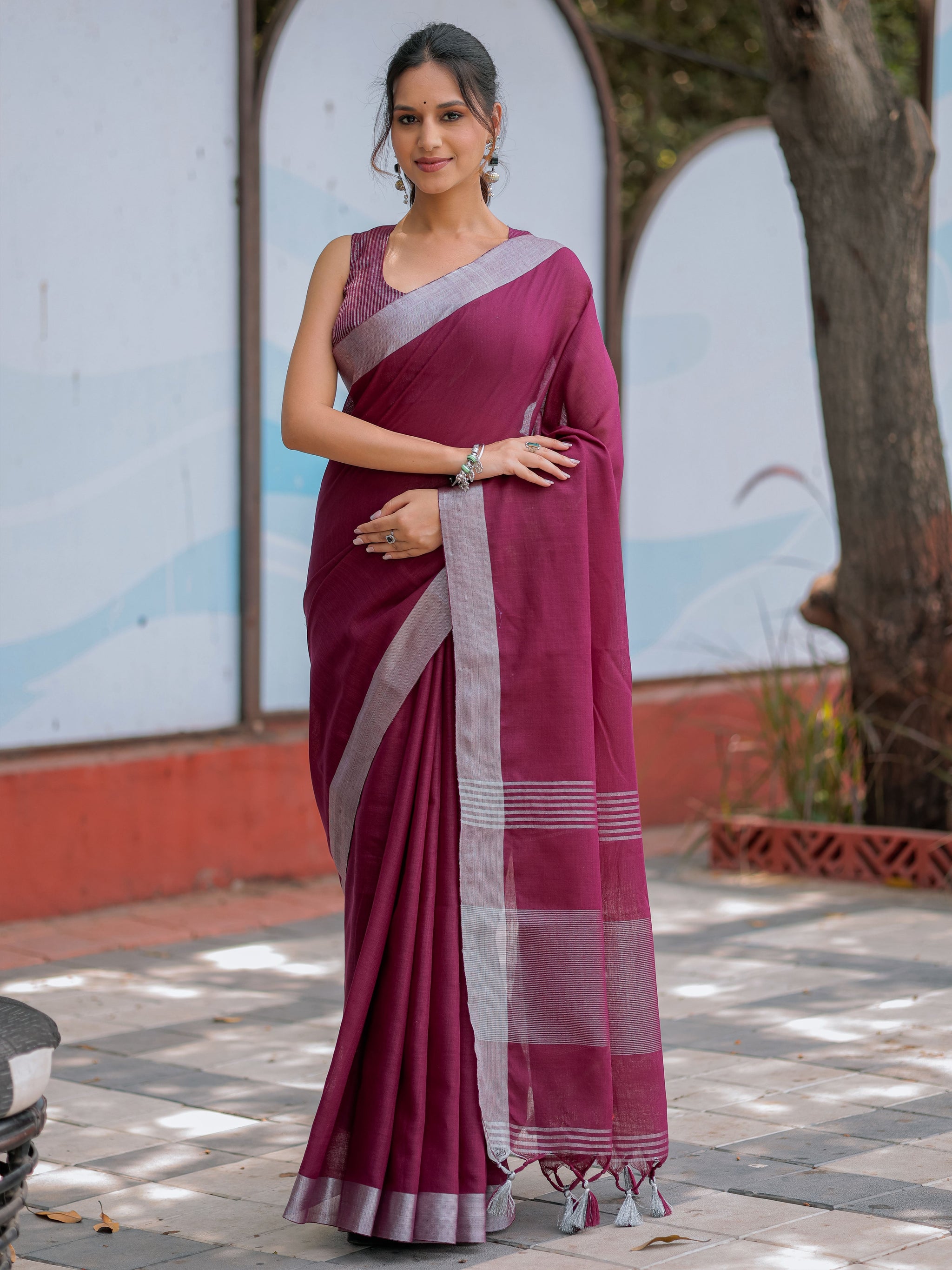 Elegant Wine Purple Pure Handloom Mul Cotton Saree with Silver Border & Tassel Detailing