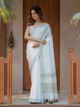 Pure White & Olive Green Handloom Mul Cotton Saree with Minimal Striped Border & Tassel Detailing