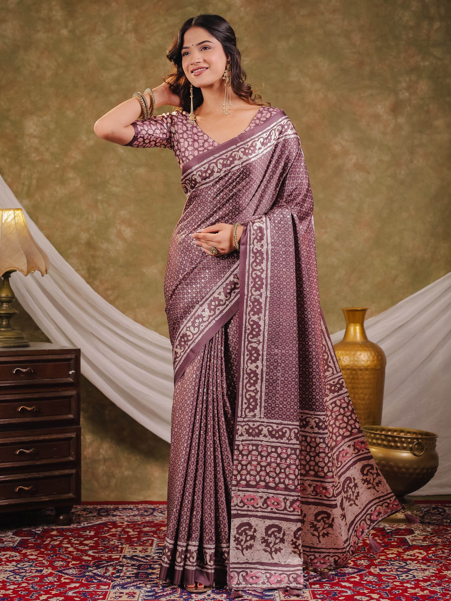 Dusty Mauve Pure Chinnon Ajrakh Printed Saree with Tassel Edges, Traditional Ethnic Print & Matching Blouse Piece
