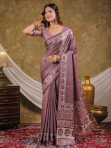 Dusty Mauve Pure Chinnon Ajrakh Printed Saree with Tassel Edges, Traditional Ethnic Print & Matching Blouse Piece