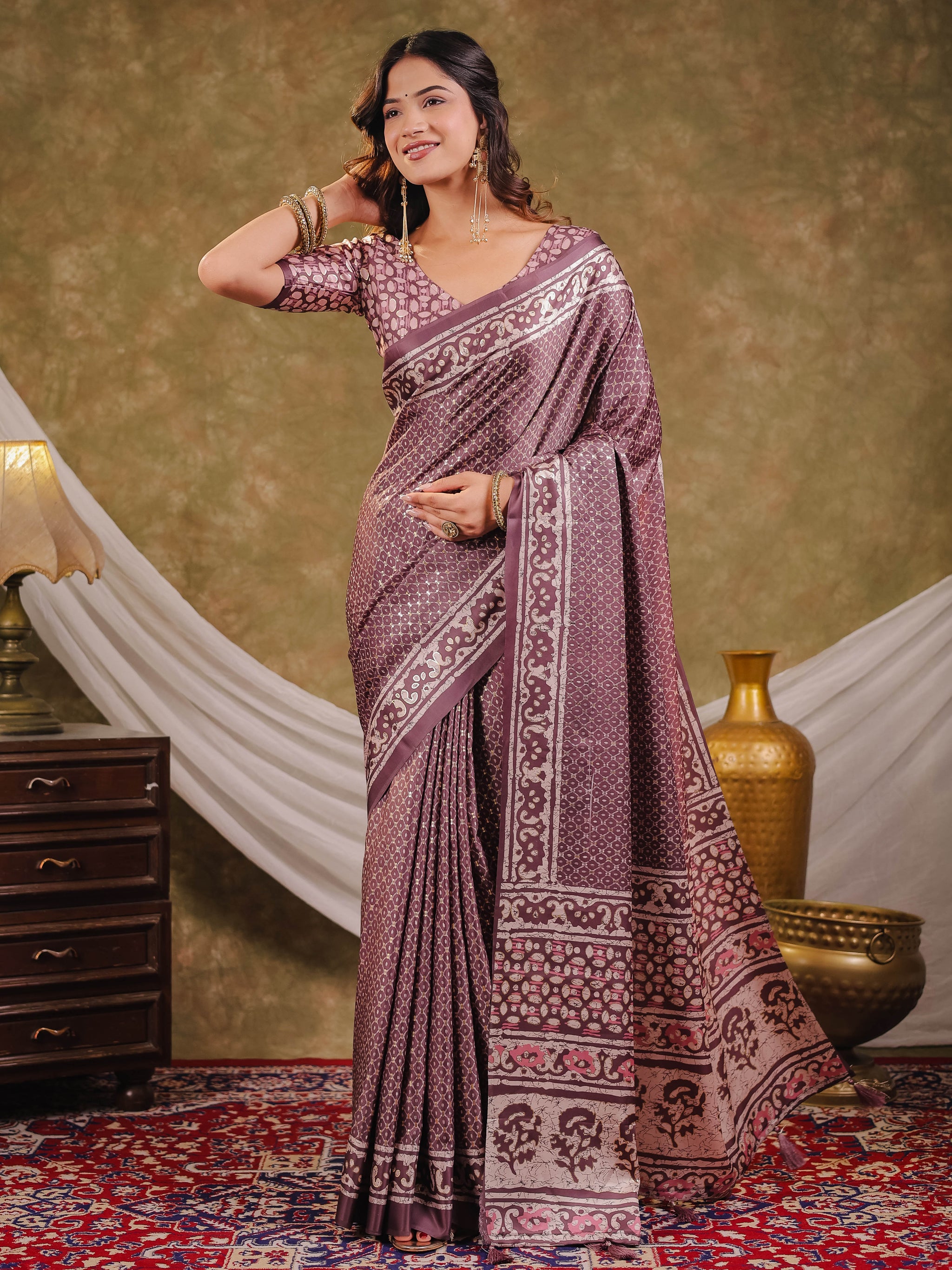 Dusty Mauve Pure Chinnon Ajrakh Printed Saree with Tassel Edges, Traditional Ethnic Print & Matching Blouse Piece