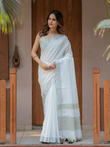 Pure White & Olive Green Handloom Mul Cotton Saree with Minimal Striped Border & Tassel Detailing