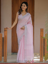 Soft Peach Pink Handloom Mul Cotton Saree with Subtle Striped Weaving & Tassel Detailing