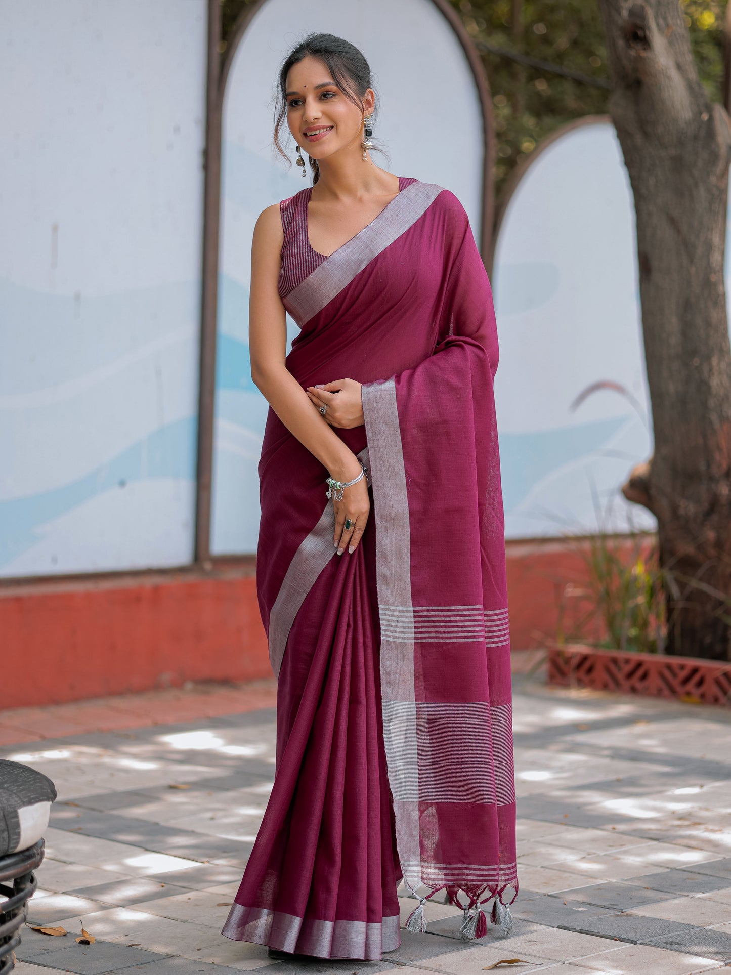 Elegant Wine Purple Pure Handloom Mul Cotton Saree with Silver Border & Tassel Detailing