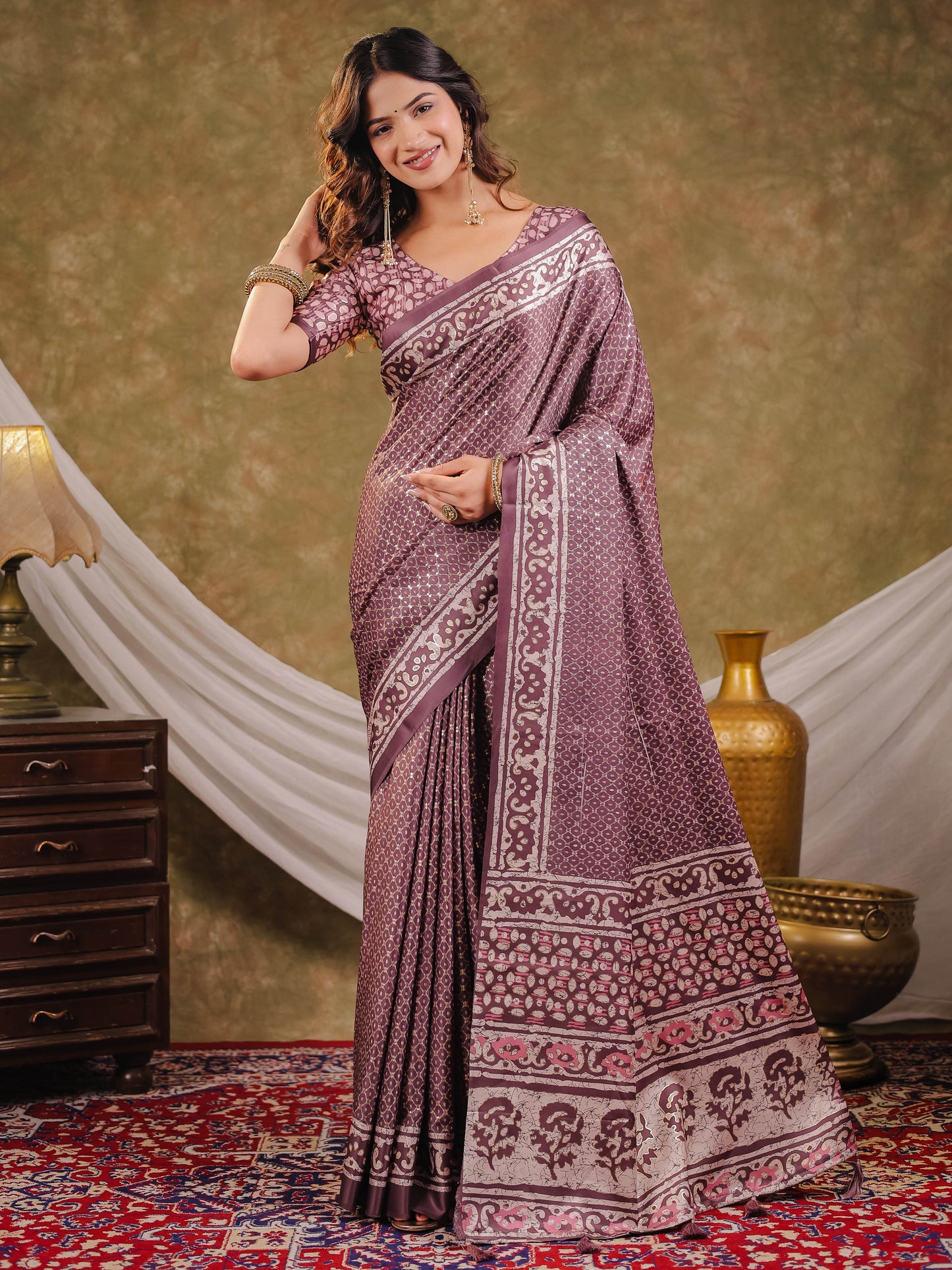 Dusty Mauve Pure Chinnon Ajrakh Printed Saree with Tassel Edges, Traditional Ethnic Print & Matching Blouse Piece